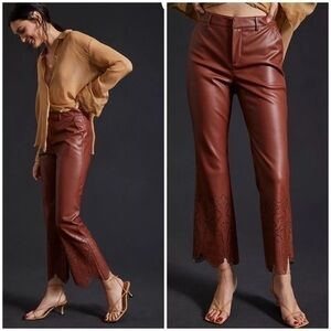💋Anthropologie Laser-Cut Faux Leather brown crop Trousers pants